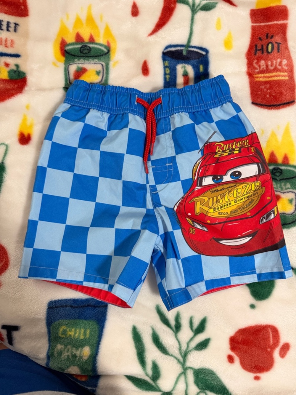 NWOT Disney Blue Checkered Shorts with Red Lightning McQueen Graphic